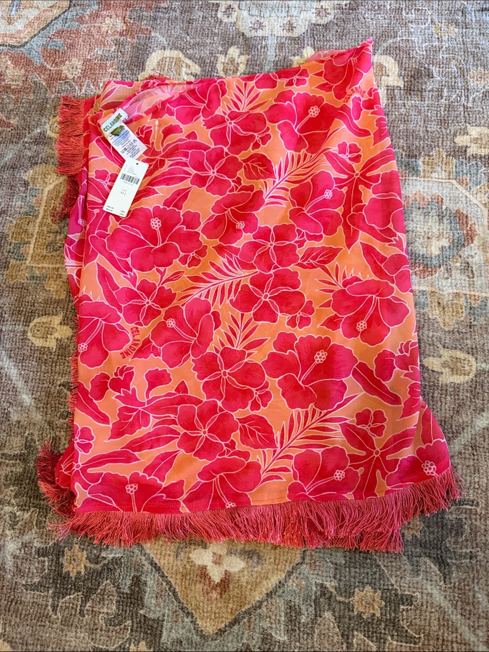 Vibrant Pink Floral Fringe Midi Bathing Suit Wrap- Celandine (Anthropologie)